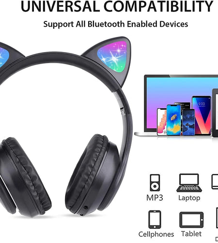 Kids Headphones, Cat Ear Wireless Headphones, LED Light up Kids Bluetooth Headphones over on Ear Black