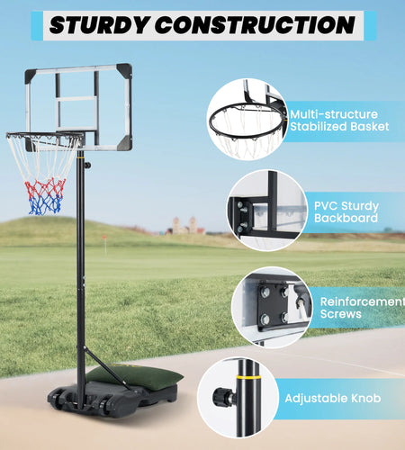28In Basketball Hoop Basketball Goal System Height Adjustable 5.1Ft to 7Ft Court for All Age Ranges Indoor Outdoor Use