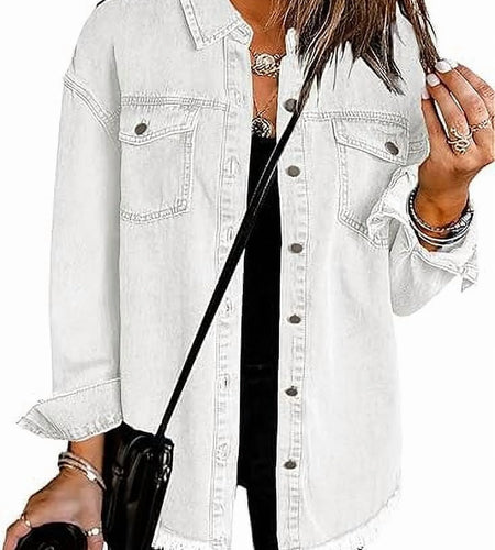 Denim Jacket for Women Long Sleeve Boyfriend Jean Jacket Loose Coat White XL Female