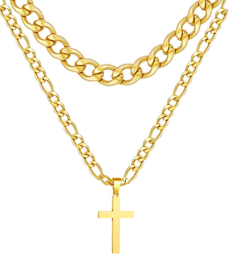 Layered Gold Cross Necklaces for Men Boys Stainless Steel Cuban Figaro Pendant Chain Set Religious Christian Birthday First Communion Easter Basket Stuffers Jewelry Gifts Him Teen Adults Kids