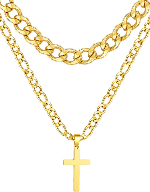 Load image into Gallery viewer, Layered Gold Cross Necklaces for Men Boys Stainless Steel Cuban Figaro Pendant Chain Set Religious Christian Birthday First Communion Easter Basket Stuffers Jewelry Gifts Him Teen Adults Kids
