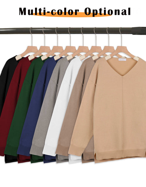 Load image into Gallery viewer, V Neck Sweaters for Women Fall Lightweight Knit Pullover Sweater Side Slits Tops

