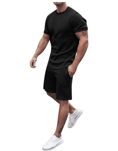 Load image into Gallery viewer, Men'S Short Sleeve T-Shirt and Shorts Set Sport Casual Crew Neck Muscle Sportswear 2 Piece Tracksuit Summer Outfits
