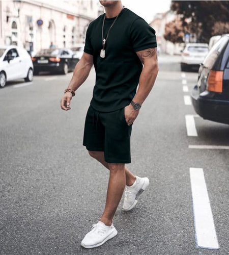 Men'S Short Sleeve T-Shirt and Shorts Set Sport Casual Crew Neck Muscle Sportswear 2 Piece Tracksuit Summer Outfits