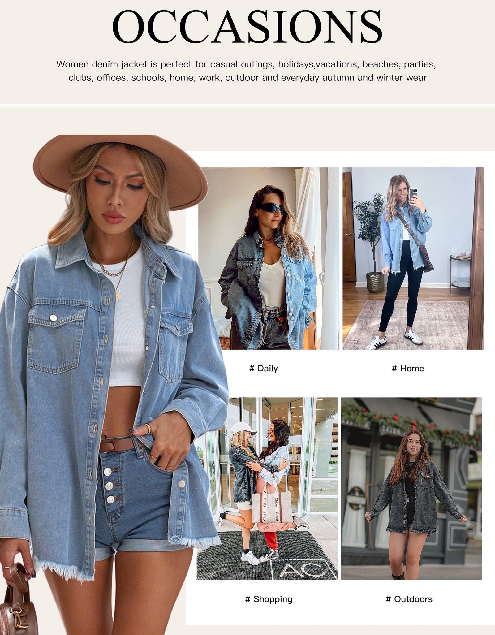 Denim Jacket for Women Long Sleeve Boyfriend Jean Jacket Loose Coat White XL Female