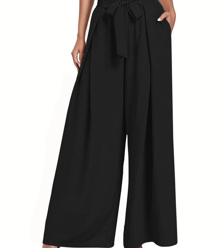 Womens Wide Leg Lounge Pants with Pockets High Waisted Adjustable Tie Knot Loose Casual Trousers Dress Work Pants