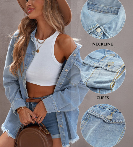 Denim Jacket for Women Long Sleeve Boyfriend Jean Jacket Loose Coat White XL Female