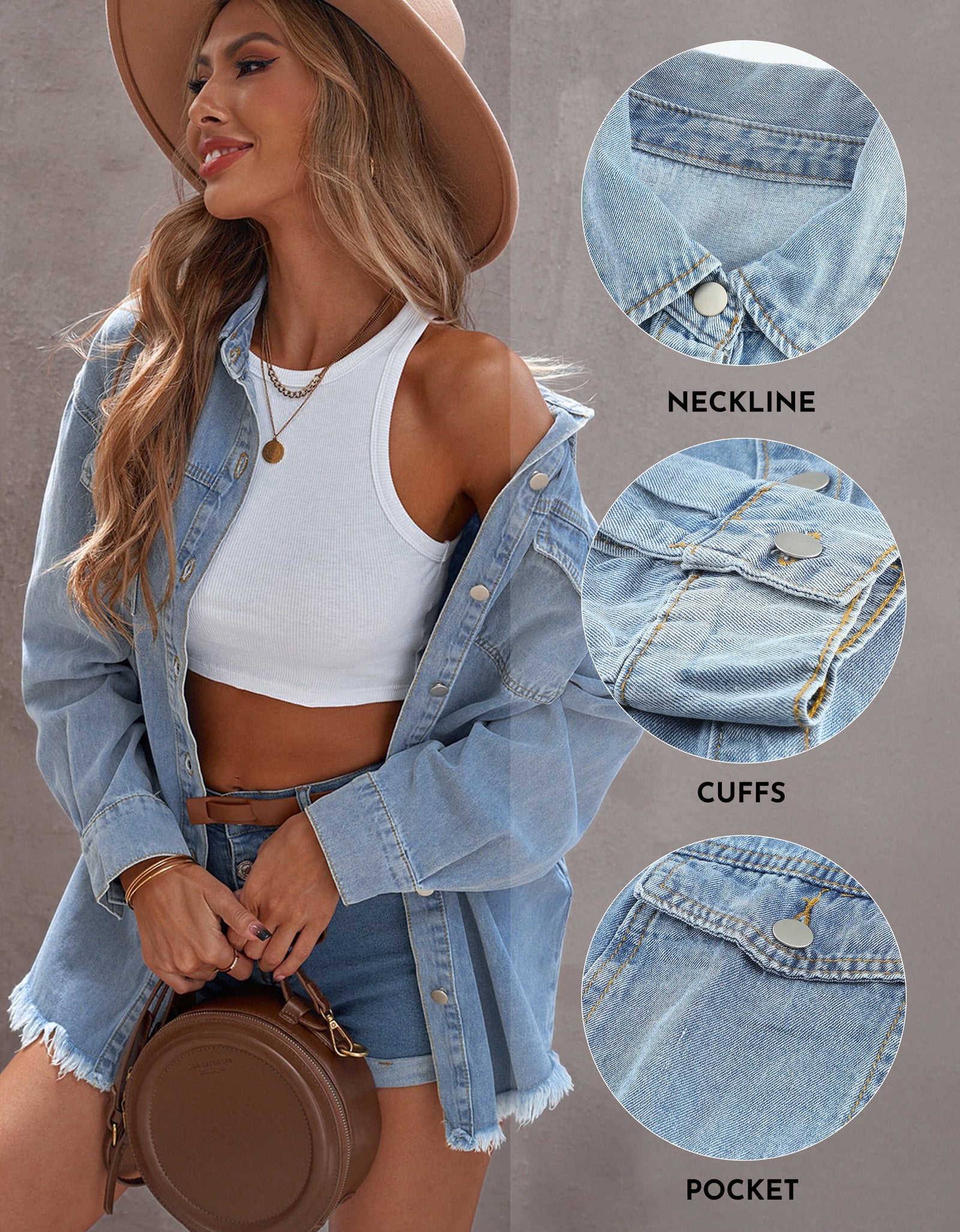 Denim Jacket for Women Long Sleeve Boyfriend Jean Jacket Loose Coat White XL Female