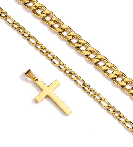 Layered Gold Cross Necklaces for Men Boys Stainless Steel Cuban Figaro Pendant Chain Set Religious Christian Birthday First Communion Easter Basket Stuffers Jewelry Gifts Him Teen Adults Kids