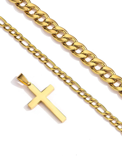 Load image into Gallery viewer, Layered Gold Cross Necklaces for Men Boys Stainless Steel Cuban Figaro Pendant Chain Set Religious Christian Birthday First Communion Easter Basket Stuffers Jewelry Gifts Him Teen Adults Kids
