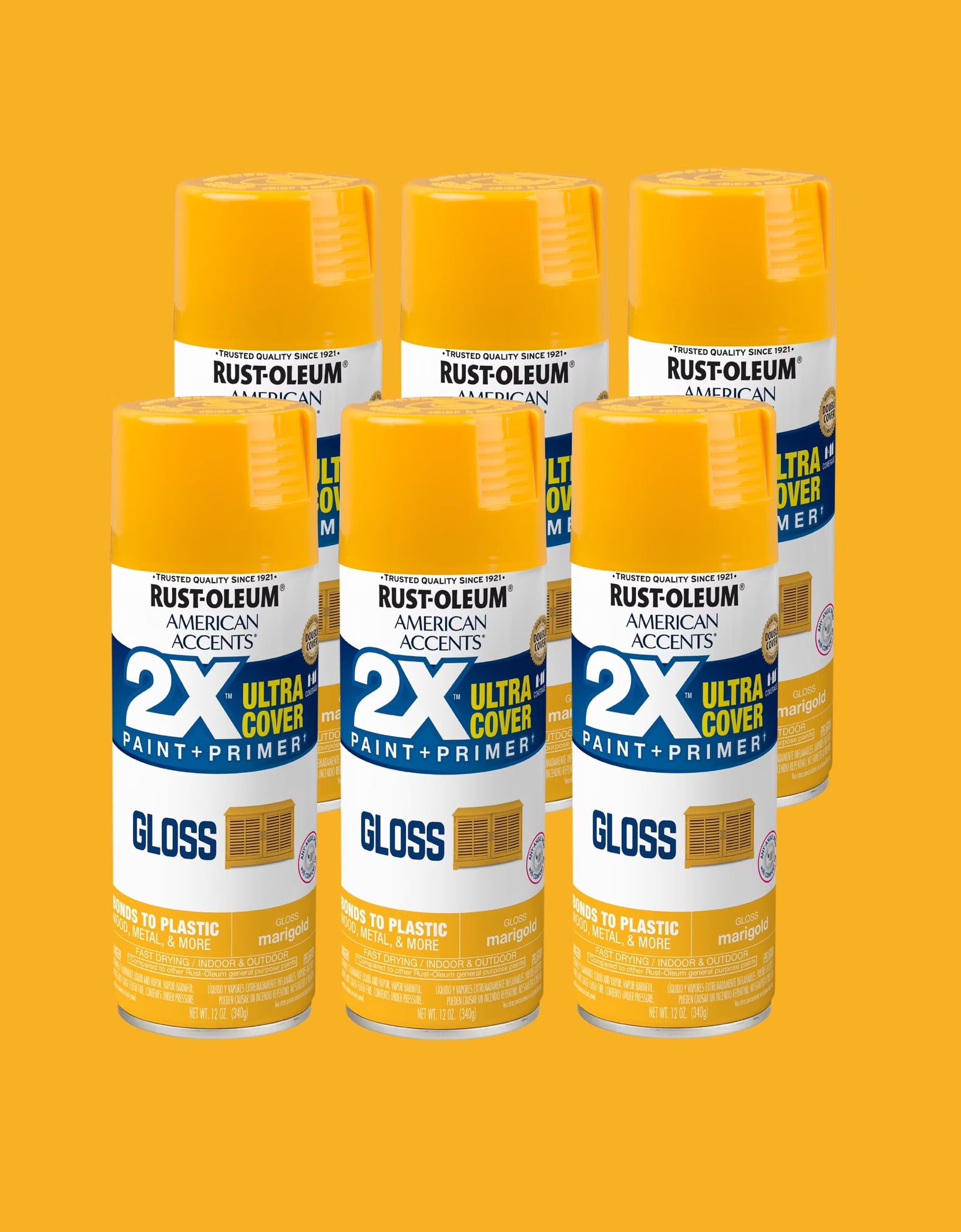 6 Pack, Marigold  American Accents 2X Ultra Cover Gloss Spray Paint-327896, 12 Oz