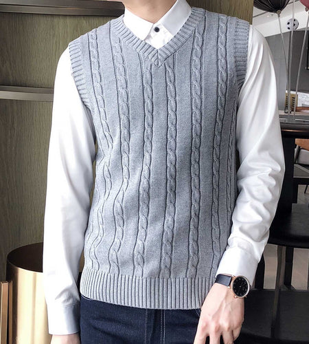 Men'S Cable Knit V Neck Relax Fit Sleeveless Knitwear Pullover Sweater Vest