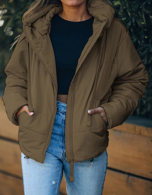 Load image into Gallery viewer, Full Zipper Puffer Jacket for Women Cropped Hooded Puffer Coat Winter Warm with Pockets Petite
