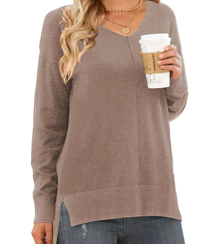 V Neck Sweaters for Women Fall Lightweight Knit Pullover Sweater Side Slits Tops