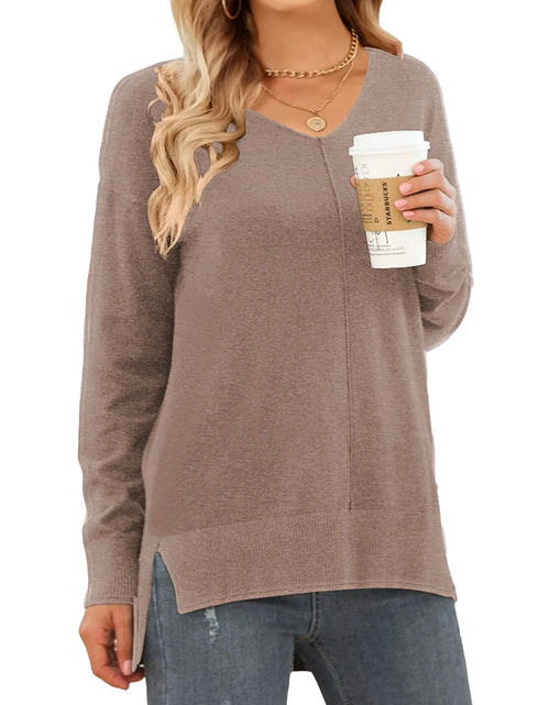 Load image into Gallery viewer, V Neck Sweaters for Women Fall Lightweight Knit Pullover Sweater Side Slits Tops
