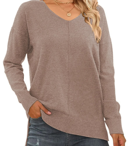 V Neck Sweaters for Women Fall Lightweight Knit Pullover Sweater Side Slits Tops