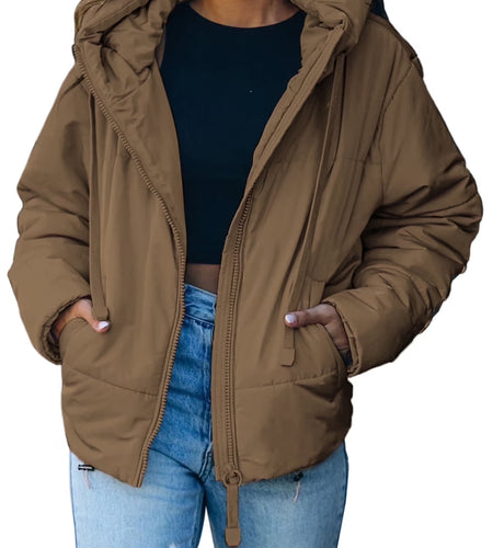 Full Zipper Puffer Jacket for Women Cropped Hooded Puffer Coat Winter Warm with Pockets Petite